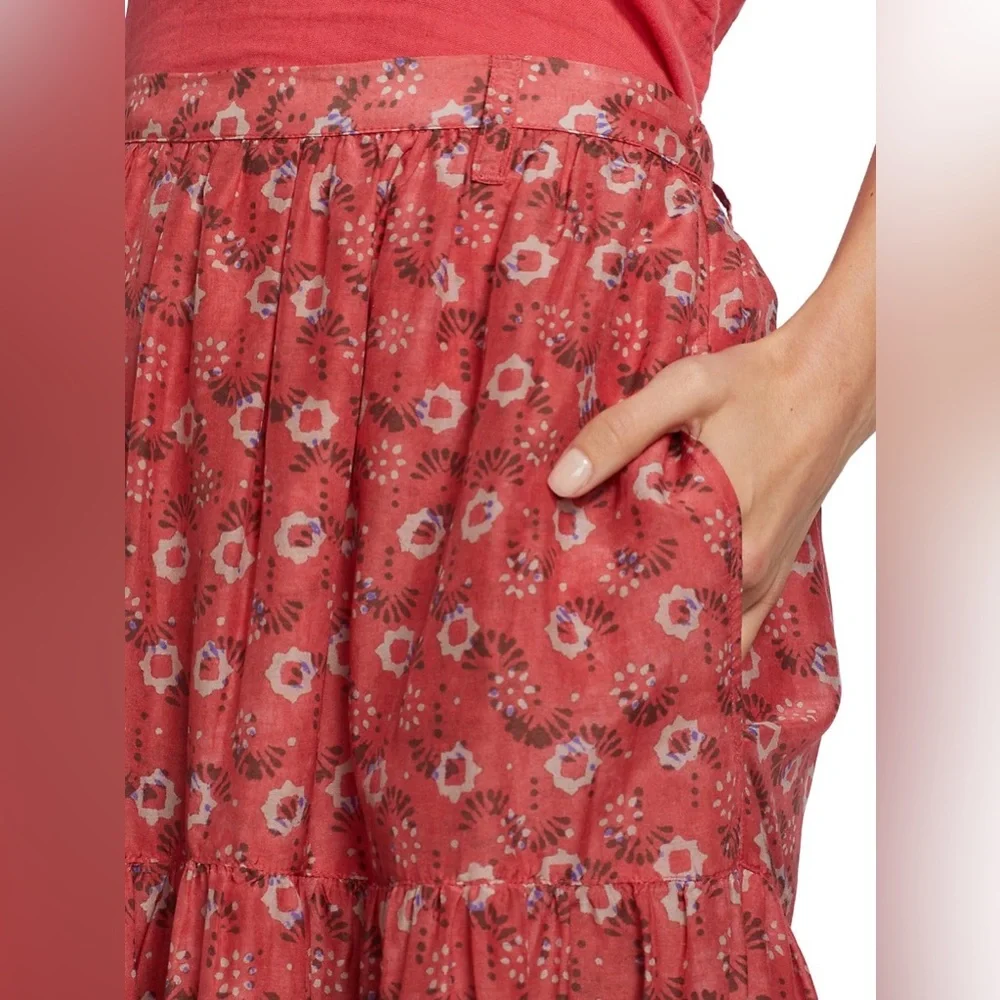 XIRENA Iris Tiered Ruffle Midi Skirt in Coral Blush Red